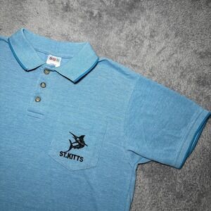 VTG Men's St. Kitts Embroidered Short Sleeve Blue Cotton Shirt SZ Large